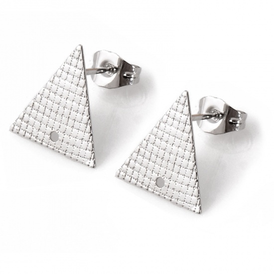 Picture of 304 Stainless Steel Geometry Series Ear Post Stud Earrings Triangle Silver Tone Texture With Loop 13.5mm x 13mm, 10 PCs