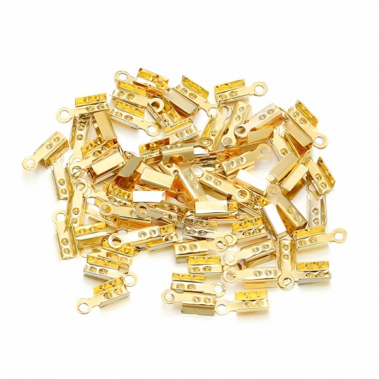 Picture of Iron Based Alloy Cord End Crimp Caps Rectangle Gold Plated Dot (Fits 1.2mm Cord) 8mm x 2.5mm, 200 PCs