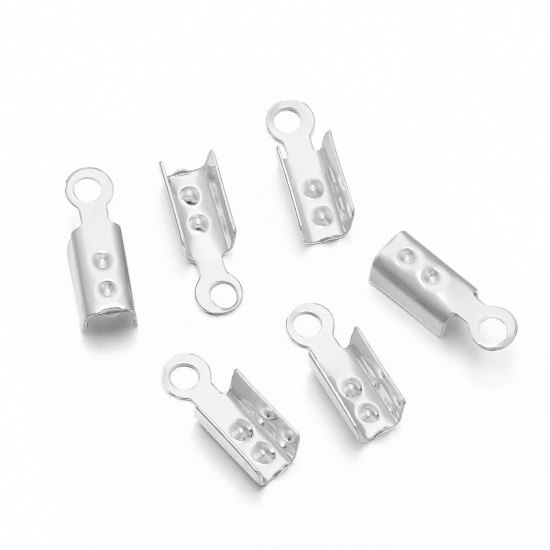 Picture of Iron Based Alloy Cord End Crimp Caps Rectangle Silver Plated Dot (Fits 1.2mm Cord) 8mm x 2.5mm, 200 PCs
