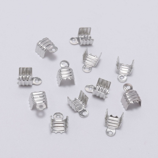 Picture of Iron Based Alloy Cord End Crimp Caps Rectangle Silver Tone Stripe (Fits 6mm Cord) 11mm x 8mm, 200 PCs