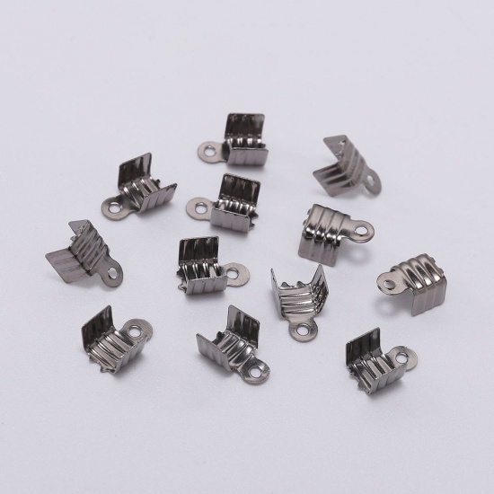Picture of Iron Based Alloy Cord End Crimp Caps Rectangle Gunmetal Stripe (Fits 6mm Cord) 11mm x 8mm, 200 PCs