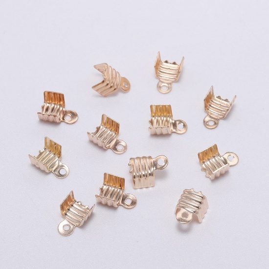 Picture of Iron Based Alloy Cord End Crimp Caps Rectangle KC Gold Plated Stripe (Fits 6mm Cord) 11mm x 8mm, 200 PCs
