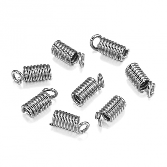 Picture of Iron Based Alloy Cord End Caps Spring Silver Tone (Fits 1.8mm( 1/8") Cord) 7mm x 3mm, 100 PCs