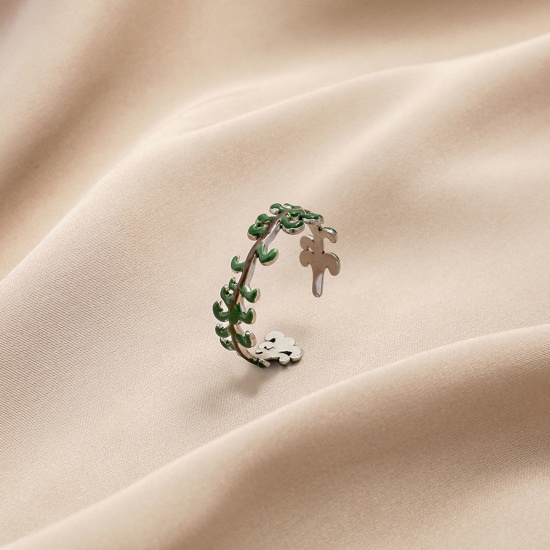 Bild von 304 Edelstahl Stilvoll Offen Ring Silberfarbe Grün Blätter Emaille 20mm x 5mm, 1 Stück