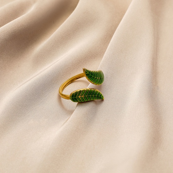 Bild von 304 Edelstahl Stilvoll Offen Ring Vergoldet Grün Blätter Emaille 20mm x 3mm, 1 Stück