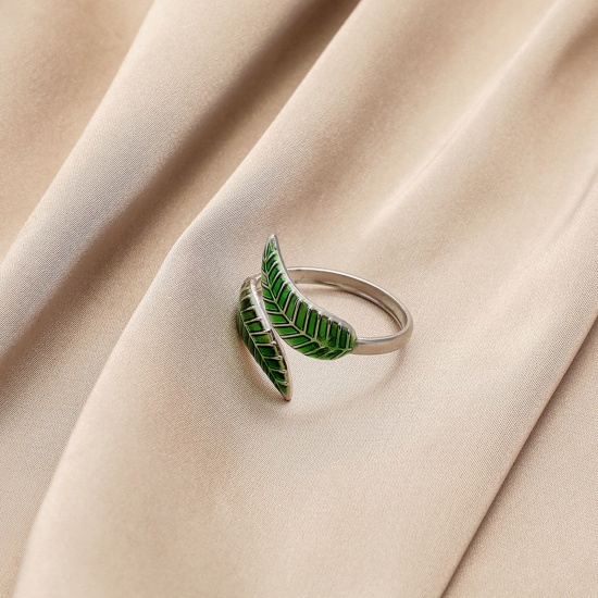 Bild von 304 Edelstahl Stilvoll Offen Ring Silberfarbe Grün Blätter Emaille 20mm x 3mm, 1 Stück
