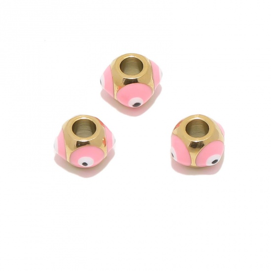 Bild von 304 Edelstahl Religiös Perlen Rund Vergoldet Rosa Böser Blick Evil Eye Emaille 8mm x 6mm, Loch: ca. 3.2mm, 2 Stück