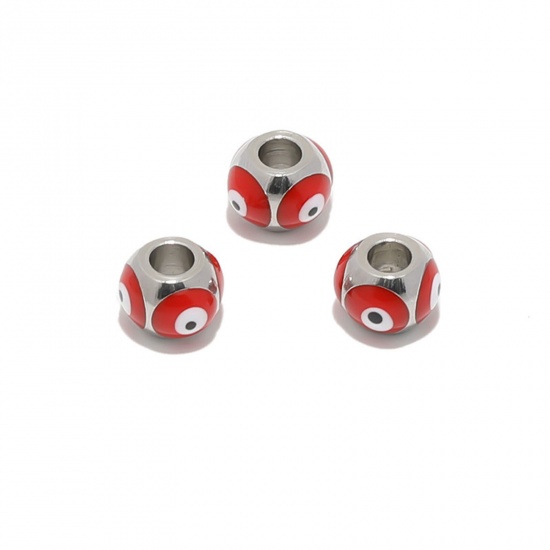 Bild von 304 Edelstahl Religiös Perlen Rund Silberfarbe Rot Böser Blick Evil Eye Emaille 8mm x 6mm, Loch: ca. 3.2mm, 2 Stück