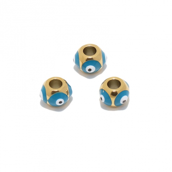 Bild von 304 Edelstahl Religiös Perlen Rund Vergoldet Blau Böser Blick Evil Eye Emaille 8mm x 6mm, Loch: ca. 3.2mm, 2 Stück