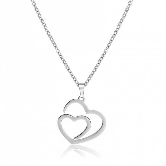 Picture of 304 Stainless Steel Valentine's Day Link Cable Chain Necklace Silver Tone Heart Hollow 45cm(17 6/8") long, 1 Piece