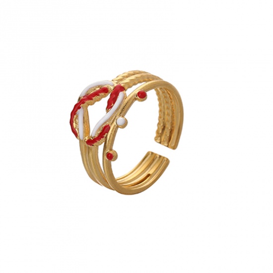 Bild von 304 Edelstahl Stilvoll Offen Ring Vergoldet Weiß & Rot Seilknoten Emaille 17mm x 5mm, 1 Stück