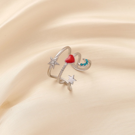 Bild von 304 Edelstahl Stilvoll Offen Ring Silberfarbe Weiß & Rot Stern Herz Emaille Klar & Blau Strass 19mm x 17mm, 1 Stück