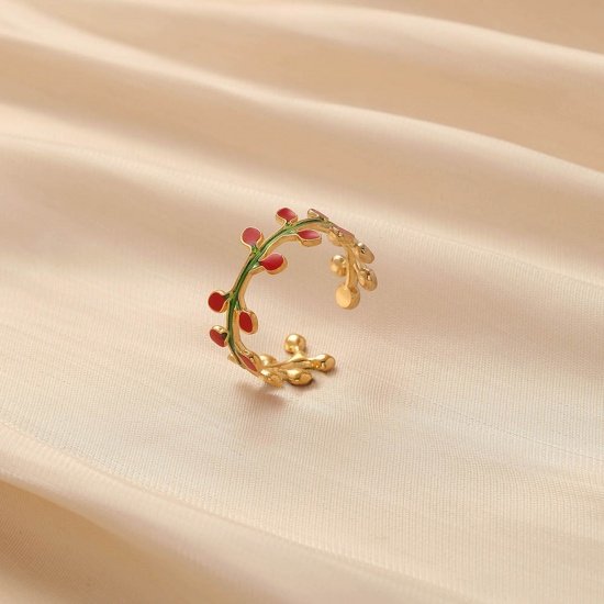 Bild von 304 Edelstahl Stilvoll Offen Ring Vergoldet Rot & Grün Rebe Emaille 18mm x 9mm, 1 Stück