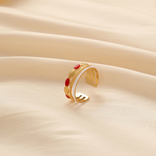 Bild von 304 Edelstahl Stilvoll Offen Ring Vergoldet Rot Muschelschale Emaille 19mm x 7mm, 1 Stück