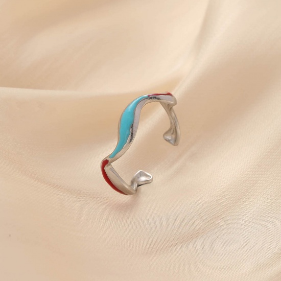 Bild von 304 Edelstahl Stilvoll Offen Ring Silberfarbe Rot & Blau Welle Emaille 17mm x 5mm, 1 Stück