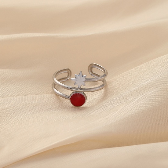 Bild von 304 Edelstahl Stilvoll Offen Ring Silberfarbe Weiß & Rot Stern Emaille 19mm x 5mm, 1 Stück