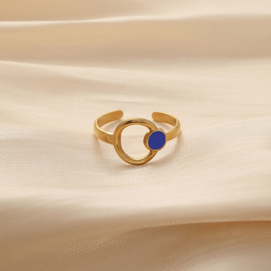 Imagen de 304 Acero Inoxidable Elegante Abierto Anillos Chapado en Oro Azul Oscuro Círculo Esmalte 19mm x 3mm, 1 Unidad