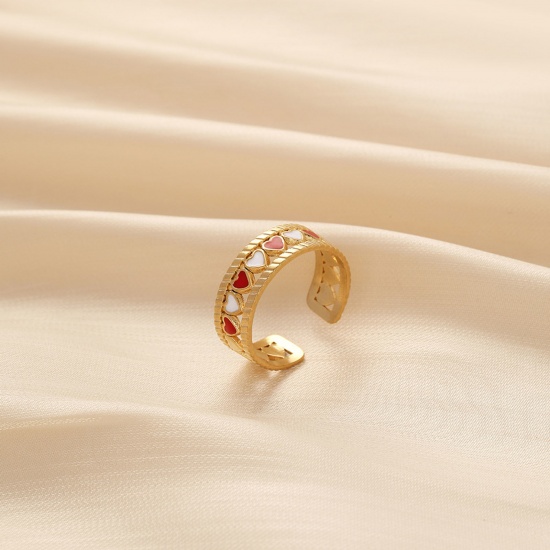 Bild von 304 Edelstahl Stilvoll Offen Ring Vergoldet Weiß & Rot Herz Emaille 18mm x 7mm, 1 Stück