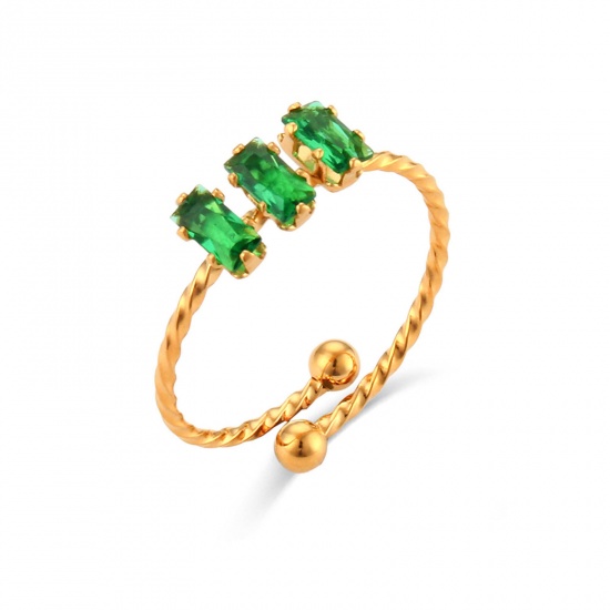 Picture of 304 Stainless Steel Open Adjustable Rings 18K Gold Plated Braided Green Rhinestone 17.3mm(US Size 7), 1 Piece