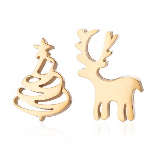 Picture of 304 Stainless Steel Asymmetric Earrings Gold Plated Christmas Tree Christmas Reindeer Hollow 8mm Dia., Post/ Wire Size: (20 gauge), 1 Pair