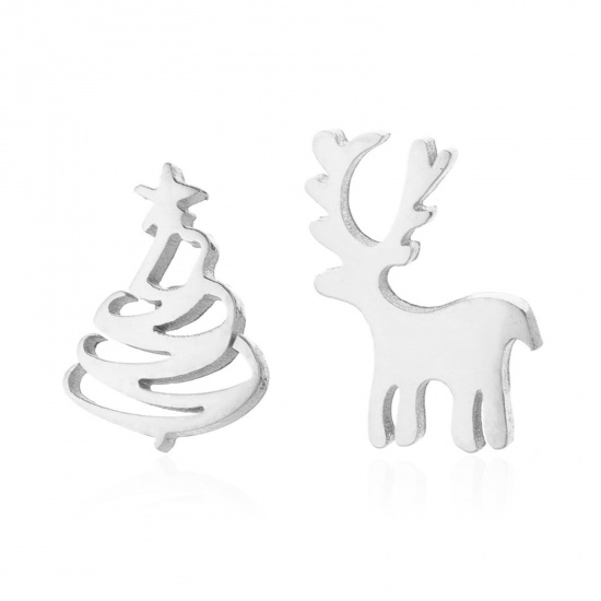 Picture of 304 Stainless Steel Asymmetric Earrings Silver Tone Christmas Tree Christmas Reindeer Hollow 8mm Dia., Post/ Wire Size: (20 gauge), 1 Pair