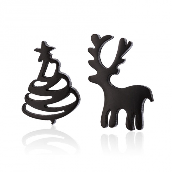 Picture of 304 Stainless Steel Asymmetric Earrings Black Christmas Tree Christmas Reindeer Hollow 8mm Dia., Post/ Wire Size: (20 gauge), 1 Pair