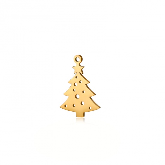 Imagen de 304 Acero Inoxidable Colgantes Charms Árbol de Navidad Chapado en Oro Hueco 20mm x 15mm, 5 Unidades