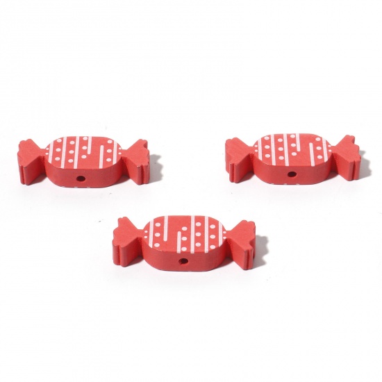 Picture of Wood Christmas Spacer Beads Candy Red About 4cm x 1.5cm, Hole: Approx 2.5mm, 10 PCs