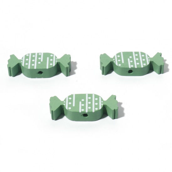 Picture of Wood Christmas Spacer Beads Candy Green About 4cm x 1.5cm, Hole: Approx 2.5mm, 10 PCs