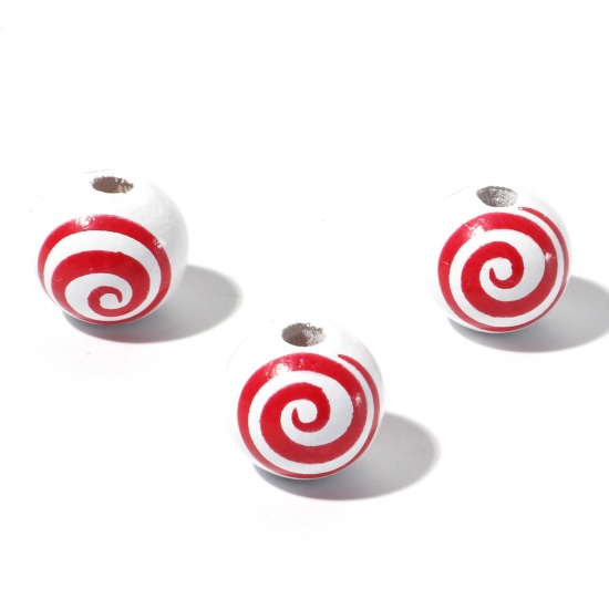 Picture of Wood Christmas Spacer Beads Round Red Spiral About 16mm Dia., Hole: Approx 3.5mm, 10 PCs