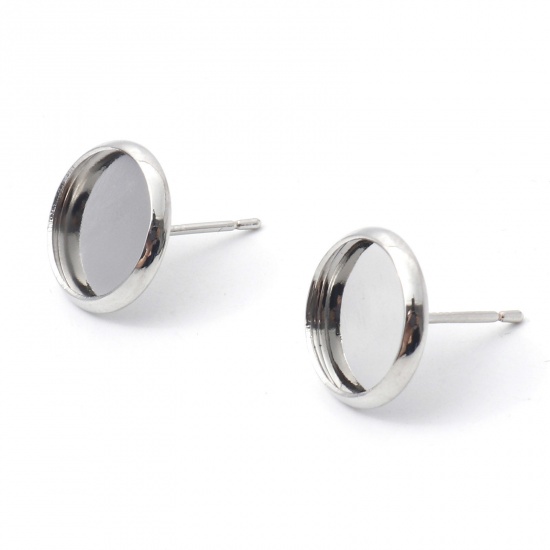 Picture of Copper Ear Post Stud Earrings (With Sterling Silver Ear Post) Real Platinum Plated Round Cabochon Settings (Fits 10mm Dia.) 12mm Dia., Post/ Wire Size: (21 gauge), 2 PCs