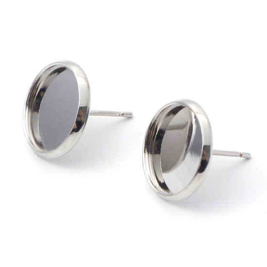 Picture of Copper Ear Post Stud Earrings (With Sterling Silver Ear Post) Real Platinum Plated Round Cabochon Settings (Fits 12mm Dia.) 14mm Dia., Post/ Wire Size: (21 gauge), 2 PCs