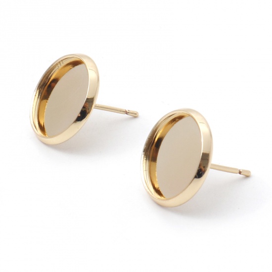 Picture of Copper Ear Post Stud Earrings (With Sterling Silver Ear Post) 14K Gold Color Round Cabochon Settings (Fits 12mm Dia.) 14mm Dia., Post/ Wire Size: (21 gauge), 2 PCs