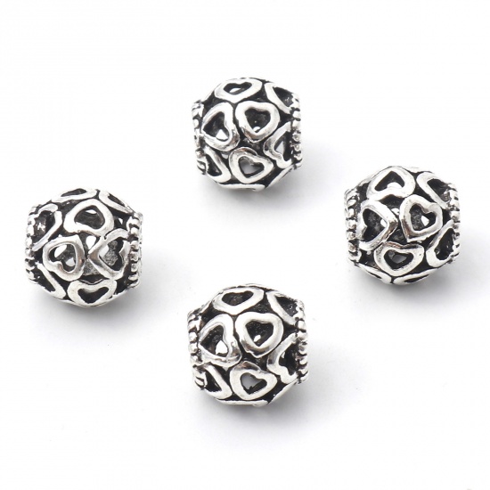 Picture of Zinc Based Alloy European Style Large Hole Charm Beads Antique Silver Color Drum Heart Hollow 10mm x 10mm, Hole: Approx 4.5mm, 10 PCs