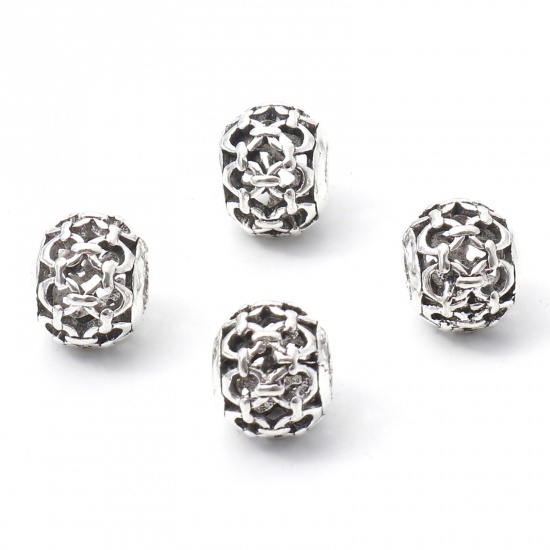 Picture of Zinc Based Alloy European Style Large Hole Charm Beads Antique Silver Color Drum Circle Ring Hollow 11mm x 9mm, Hole: Approx 4.5mm, 10 PCs