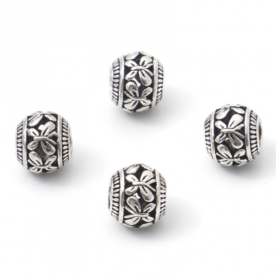 Picture of Zinc Based Alloy European Style Large Hole Charm Beads Antique Silver Color Drum Butterfly Hollow 11mm x 9mm, Hole: Approx 4.5mm, 10 PCs