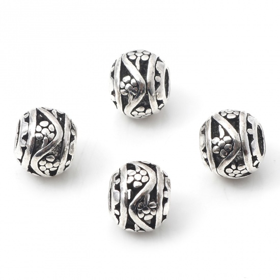 Picture of Zinc Based Alloy European Style Large Hole Charm Beads Antique Silver Color Drum Flower Hollow 11mm x 9mm, Hole: Approx 4.5mm, 10 PCs