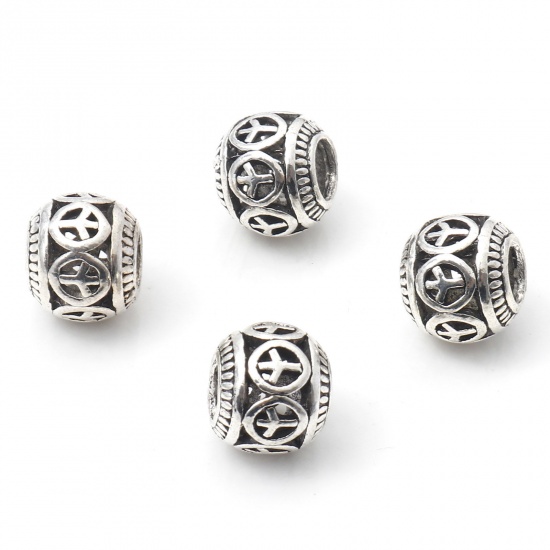 Picture of Zinc Based Alloy European Style Large Hole Charm Beads Antique Silver Color Drum Peace Symbol Hollow 11mm x 9mm, Hole: Approx 4.5mm, 10 PCs