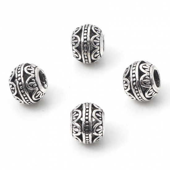 Picture of Zinc Based Alloy European Style Large Hole Charm Beads Antique Silver Color Drum Dot Hollow 11mm x 9mm, Hole: Approx 4.5mm, 10 PCs