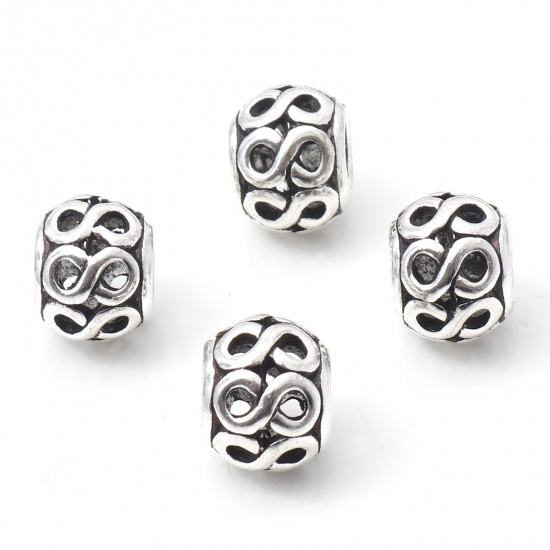 Picture of Zinc Based Alloy European Style Large Hole Charm Beads Antique Silver Color Drum Infinity Symbol Hollow 11mm x 9mm, Hole: Approx 4.5mm, 10 PCs