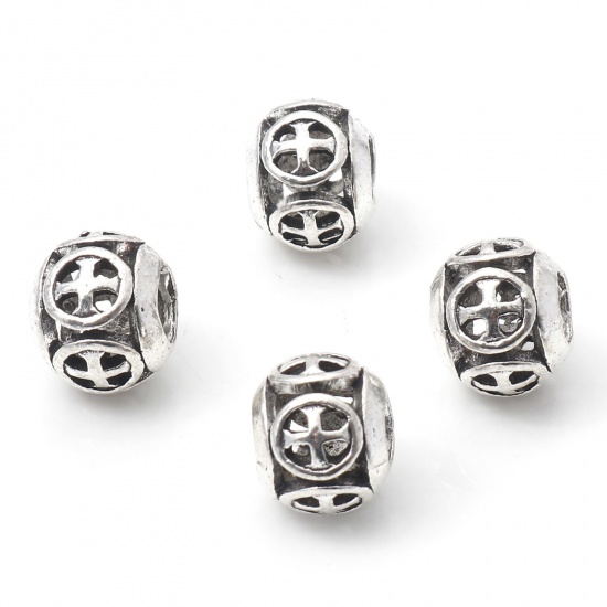 Picture of Zinc Based Alloy European Style Large Hole Charm Beads Antique Silver Color Drum Cross Hollow 11mm x 9mm, Hole: Approx 4.5mm, 10 PCs