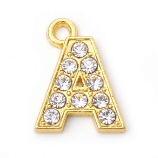 Picture of Zinc Based Alloy Micro Pave Charms Gold Plated Capital Alphabet/ Letter Message " A " Clear Rhinestone 18mm x 13mm, 10 PCs