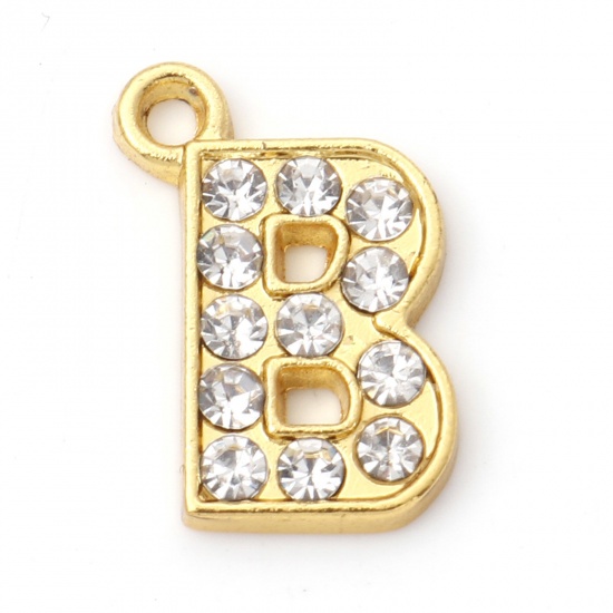 Picture of Zinc Based Alloy Micro Pave Charms Gold Plated Capital Alphabet/ Letter Message " B " Clear Rhinestone 17mm x 12mm, 10 PCs