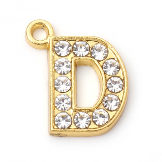 Picture of Zinc Based Alloy Micro Pave Charms Gold Plated Capital Alphabet/ Letter Message " D " Clear Rhinestone 17.5mm x 14mm, 10 PCs