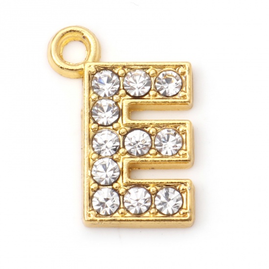 Picture of Zinc Based Alloy Micro Pave Charms Gold Plated Capital Alphabet/ Letter Message " E " Clear Rhinestone 17.5mm x 12.5mm, 10 PCs