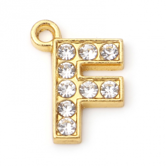 Picture of Zinc Based Alloy Micro Pave Charms Gold Plated Capital Alphabet/ Letter Message " F " Clear Rhinestone 17mm x 12mm, 10 PCs
