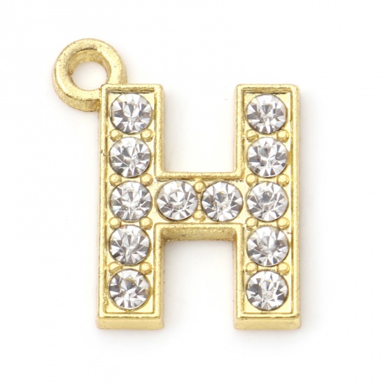 Picture of Zinc Based Alloy Micro Pave Charms Gold Plated Capital Alphabet/ Letter Message " H " Clear Rhinestone 17.5mm x 14mm, 10 PCs