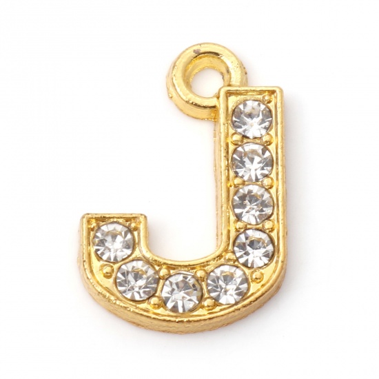 Picture of Zinc Based Alloy Micro Pave Charms Gold Plated Capital Alphabet/ Letter Message " J " Clear Rhinestone 17mm x 12mm, 10 PCs