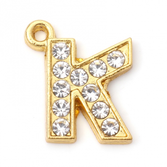 Picture of Zinc Based Alloy Micro Pave Charms Gold Plated Capital Alphabet/ Letter Message " K " Clear Rhinestone 17mm x 15mm, 10 PCs