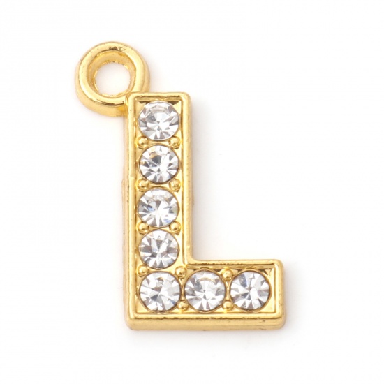 Picture of Zinc Based Alloy Micro Pave Charms Gold Plated Capital Alphabet/ Letter Message " L " Clear Rhinestone 17mm x 12mm, 10 PCs